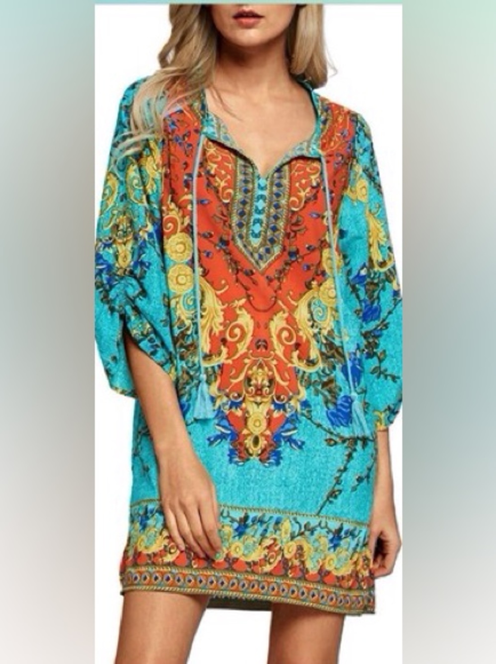 NLW Turquoise & Coral Printed Boho Swim Coverup